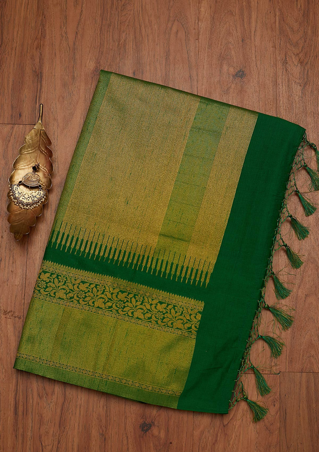 Leaf Green Zariwork Art Silk Designer Saree - koskii