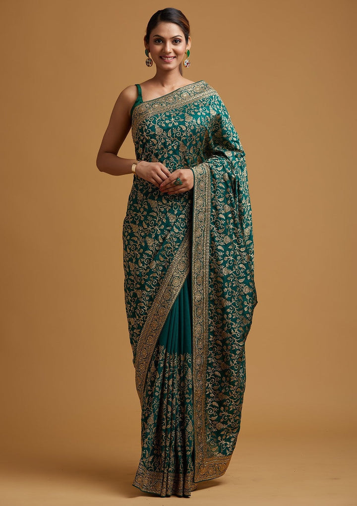 Leaf Green Zariwork Art Silk Designer Saree - koskii