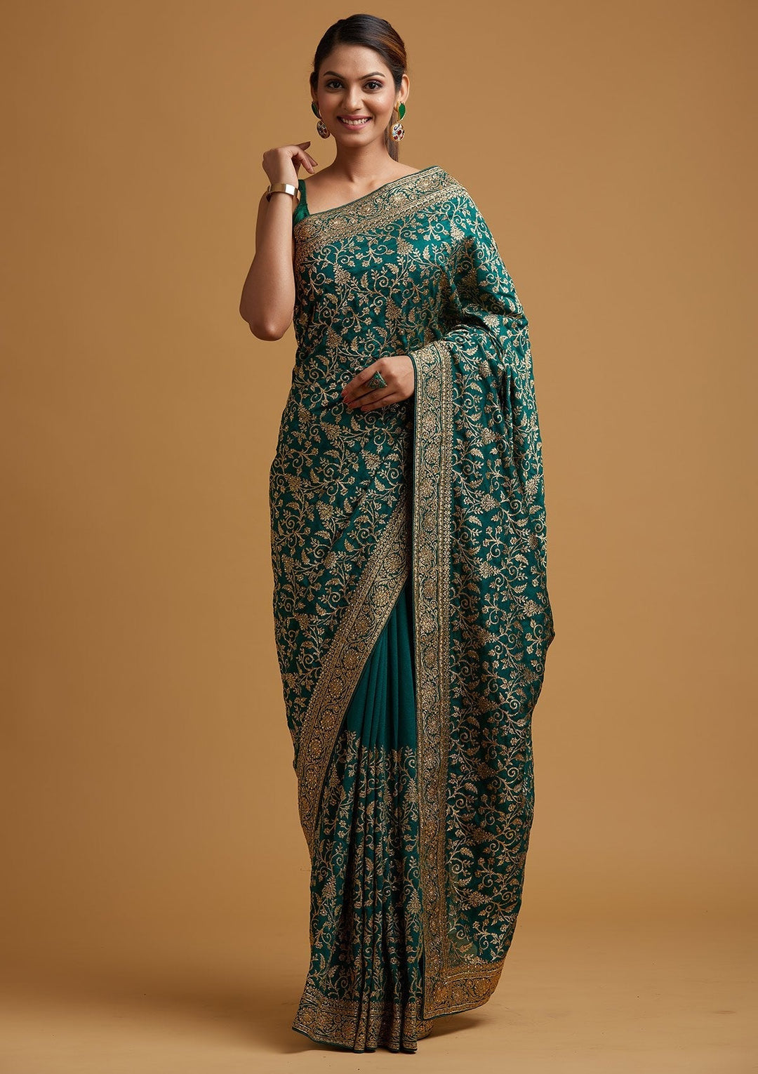 Leaf Green Zariwork Art Silk Designer Saree - koskii