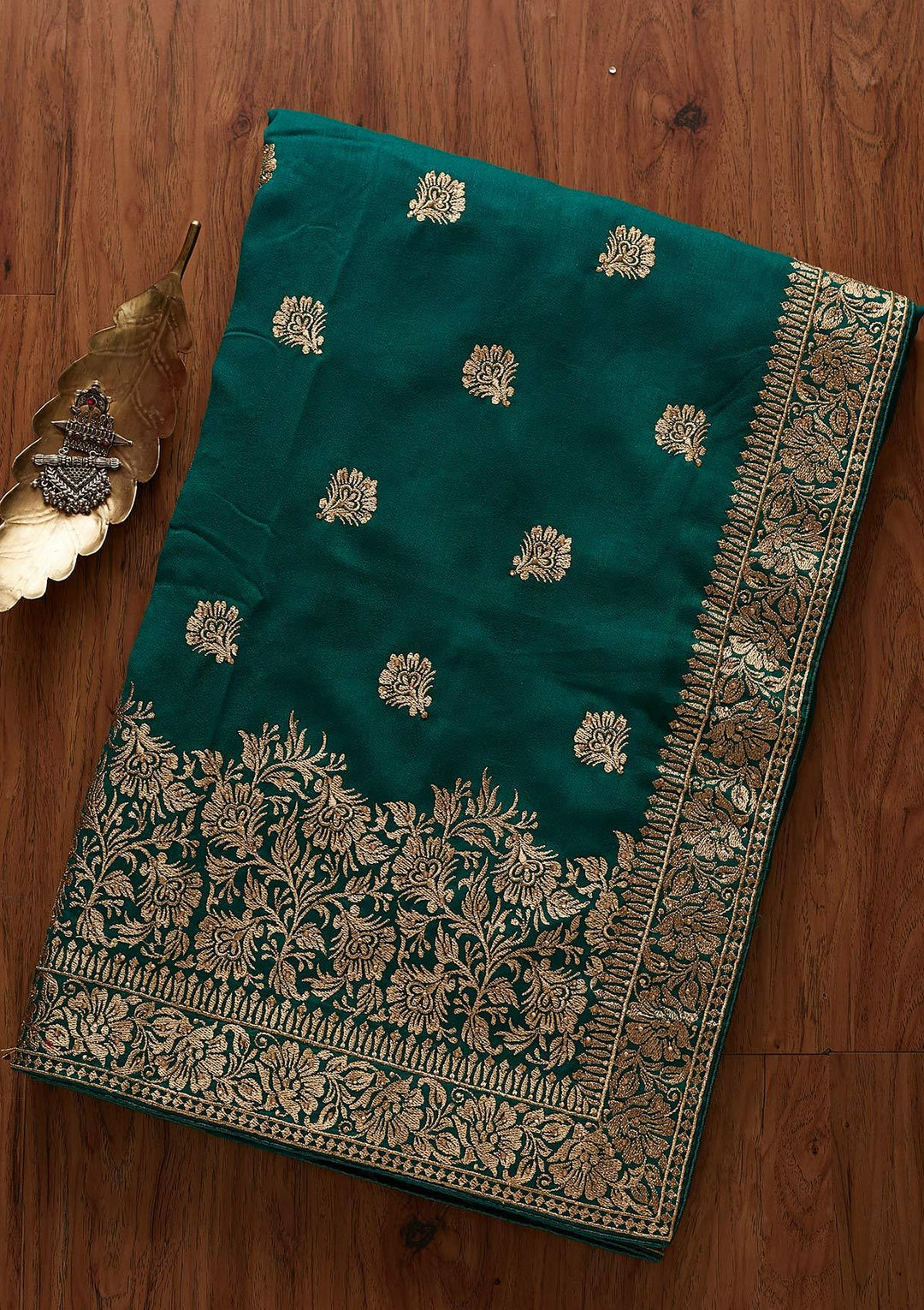 Leaf Green Zariwork Art Silk Designer Saree - koskii
