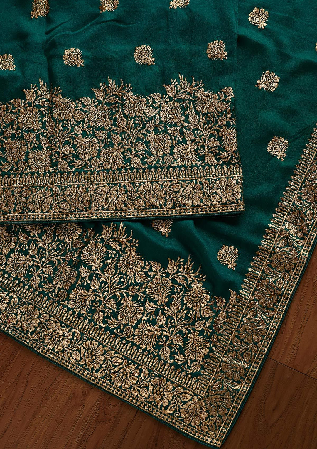 Leaf Green Zariwork Art Silk Designer Saree - koskii