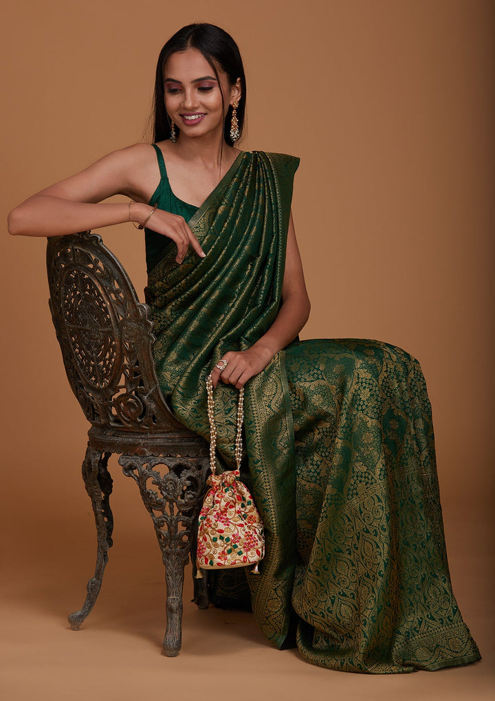 Leaf Green Zariwork Art Silk Saree-Koskii