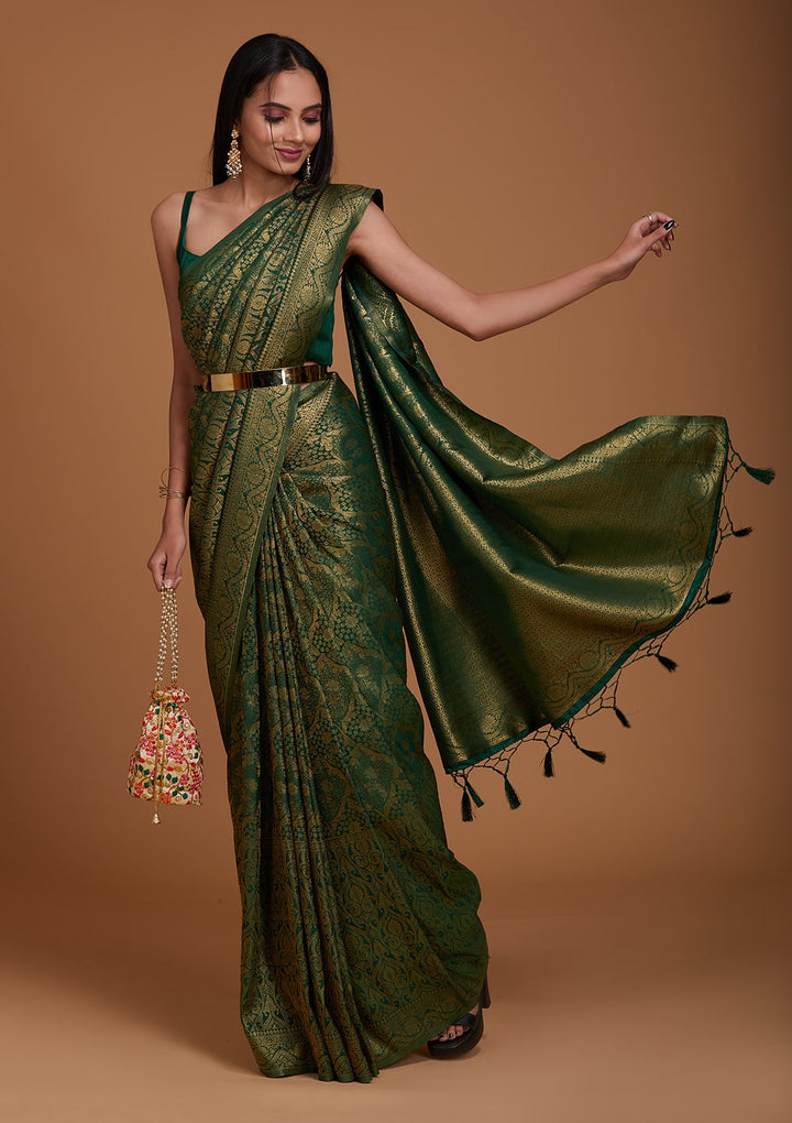 Leaf Green Zariwork Art Silk Saree-Koskii