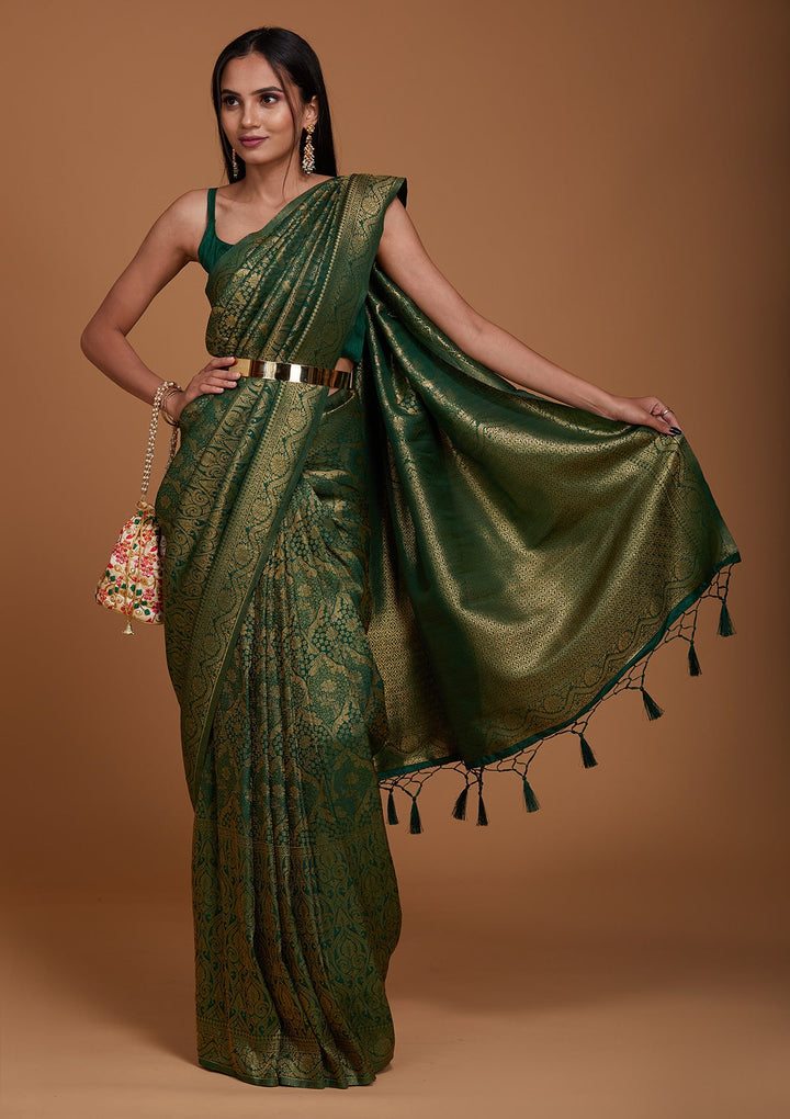 Leaf Green Zariwork Art Silk Saree-Koskii