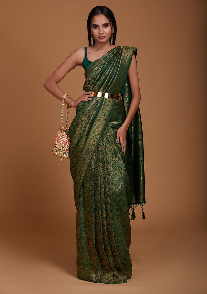 Leaf Green Zariwork Art Silk Saree-Koskii