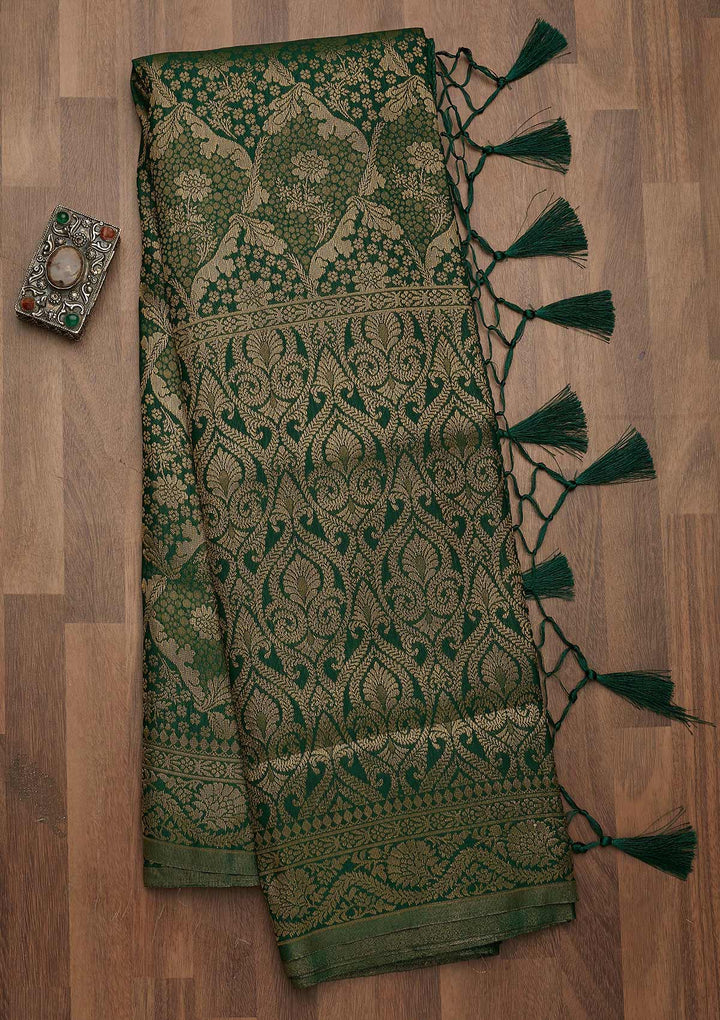 Leaf Green Zariwork Art Silk Saree-Koskii