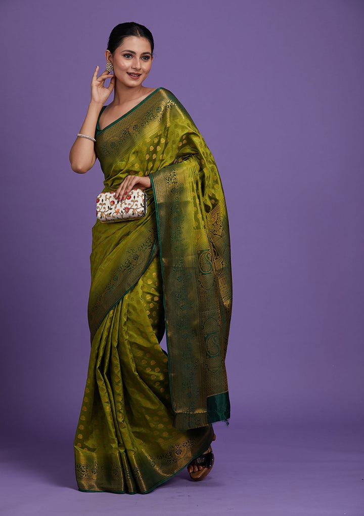 Leaf Green Zariwork Art Silk Saree-Koskii