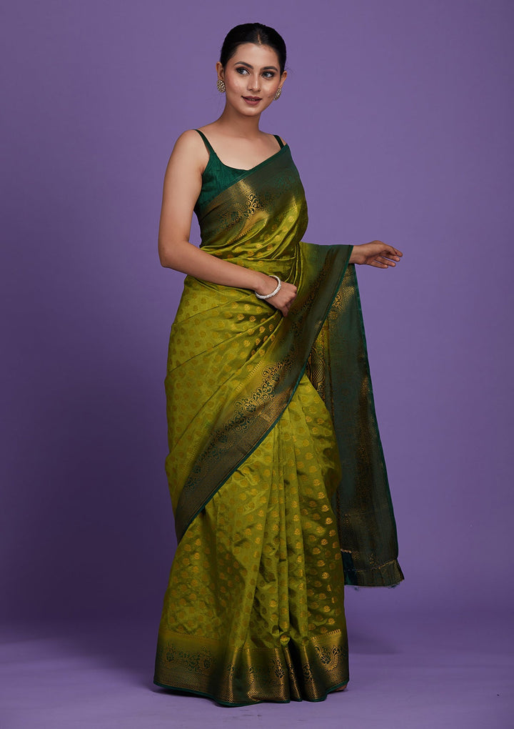 Leaf Green Zariwork Art Silk Saree-Koskii