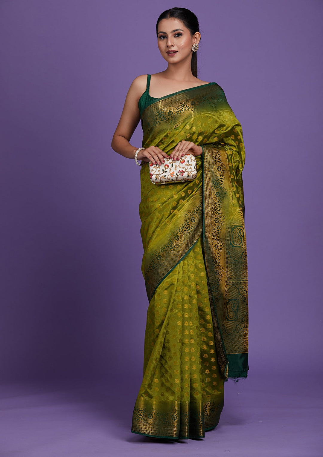 Leaf Green Zariwork Art Silk Saree-Koskii