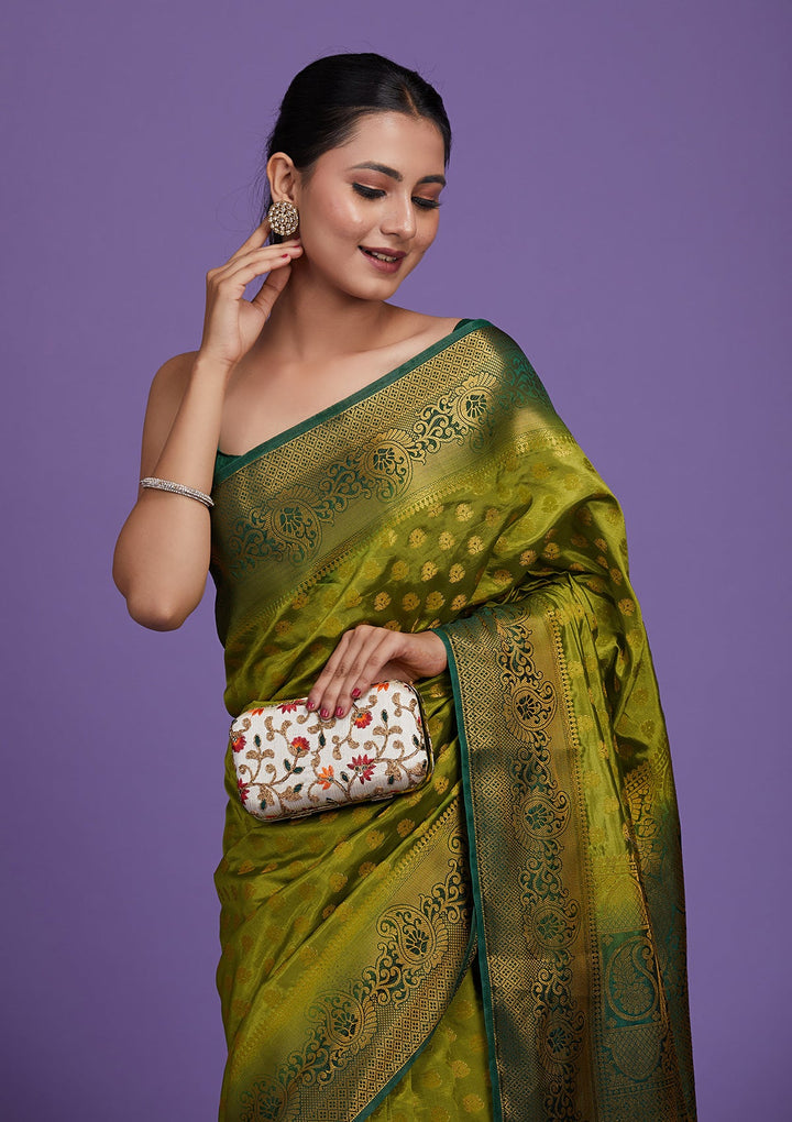 Leaf Green Zariwork Art Silk Saree-Koskii