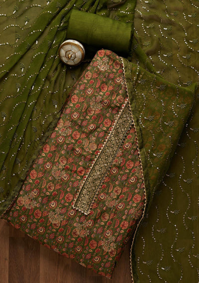 Leaf Green Zariwork Banarasi Semi-Stitched Salwar Suit-Koskii