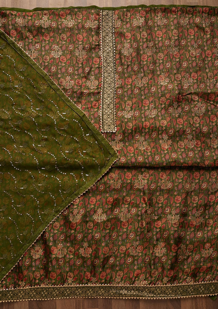 Leaf Green Zariwork Banarasi Semi-Stitched Salwar Suit-Koskii