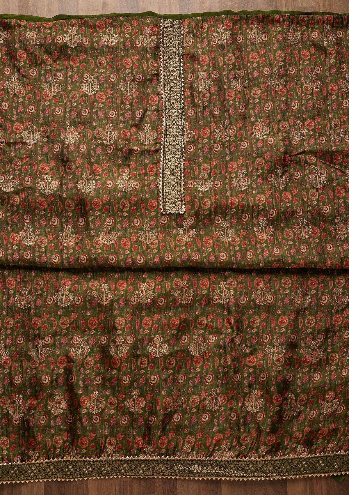 Leaf Green Zariwork Banarasi Semi-Stitched Salwar Suit-Koskii