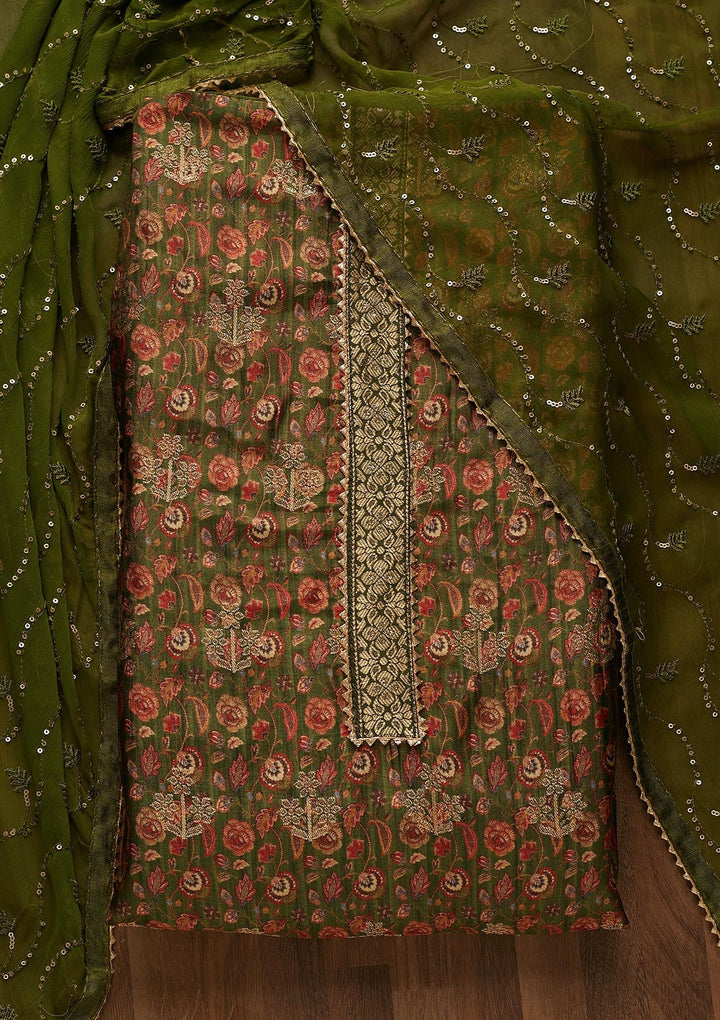Leaf Green Zariwork Banarasi Semi-Stitched Salwar Suit-Koskii