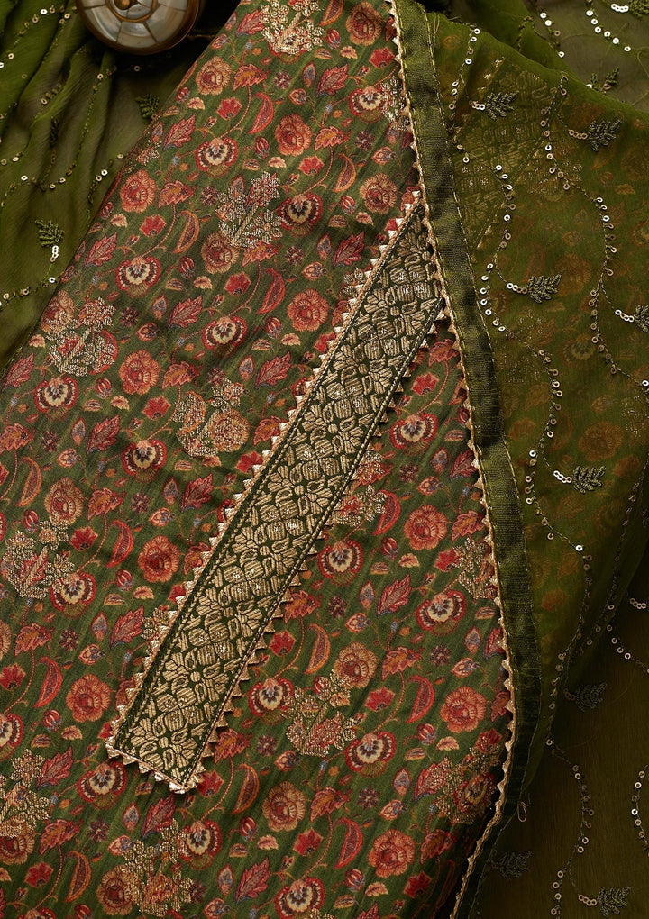 Leaf Green Zariwork Banarasi Semi-Stitched Salwar Suit-Koskii