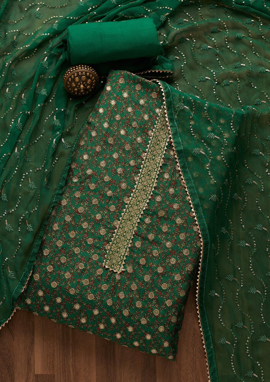 Leaf Green Zariwork Chanderi Semi-Stitched Salwar Suit-Koskii