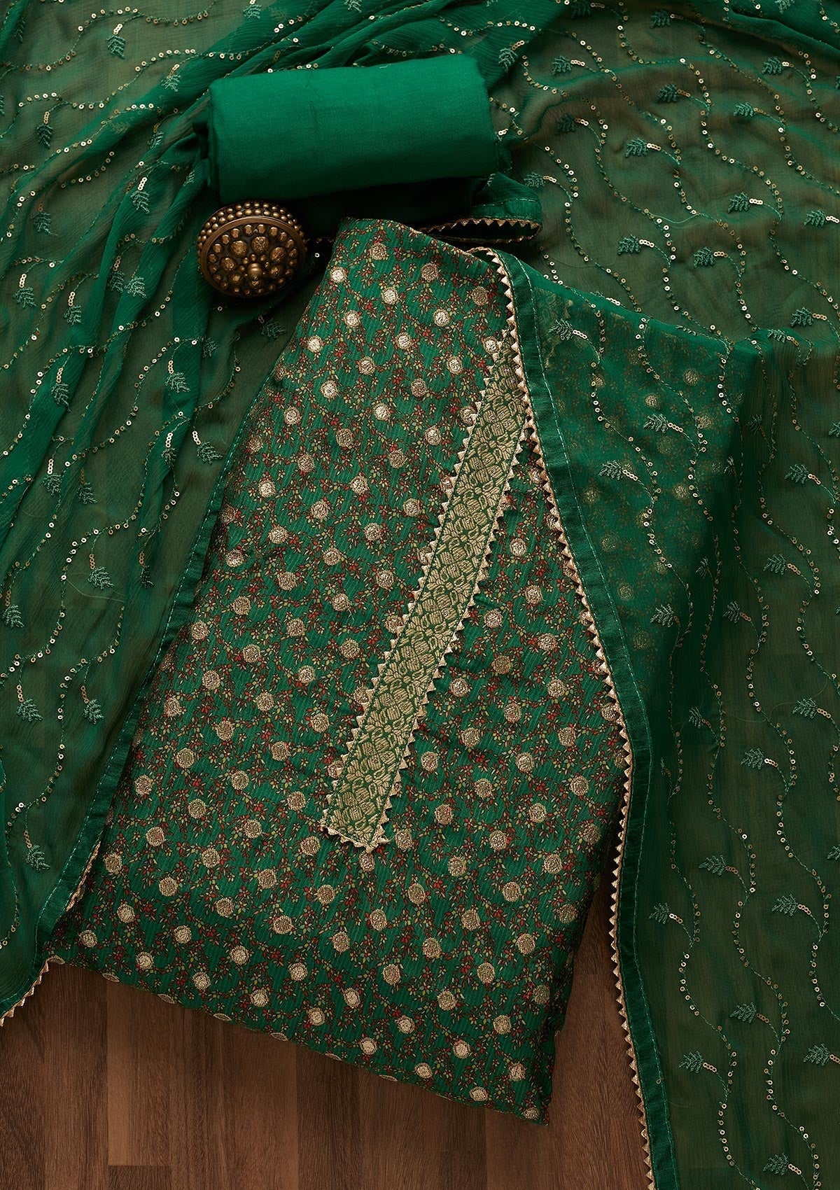 Leaf Green Zariwork Chanderi Semi-Stitched Salwar Suit-Koskii