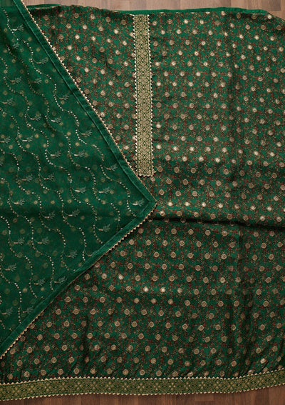 Leaf Green Zariwork Chanderi Semi-Stitched Salwar Suit-Koskii