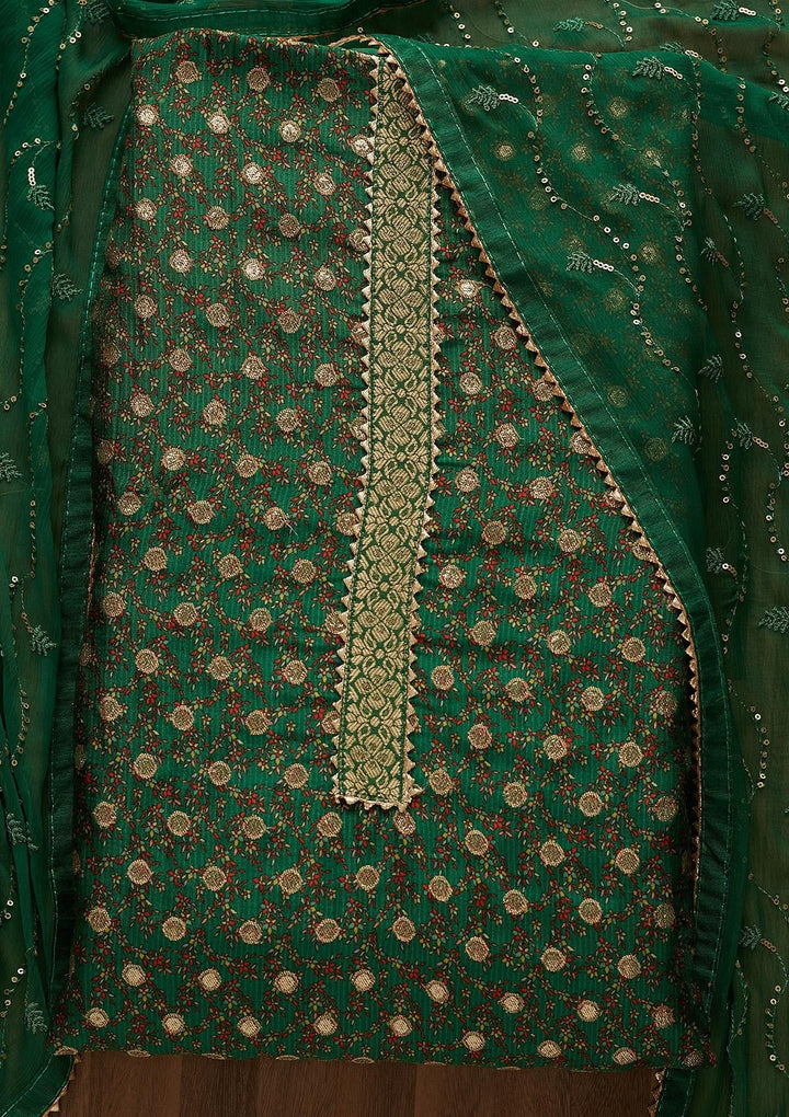 Leaf Green Zariwork Chanderi Semi-Stitched Salwar Suit-Koskii