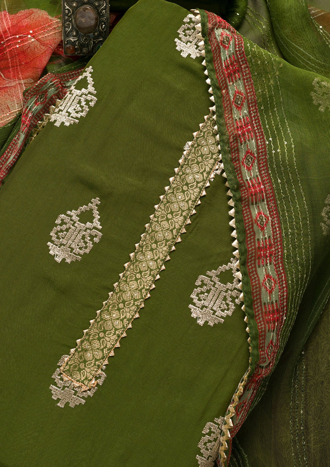 Leaf Green Zariwork Georgette Unstitched Salwar Suit-Koskii