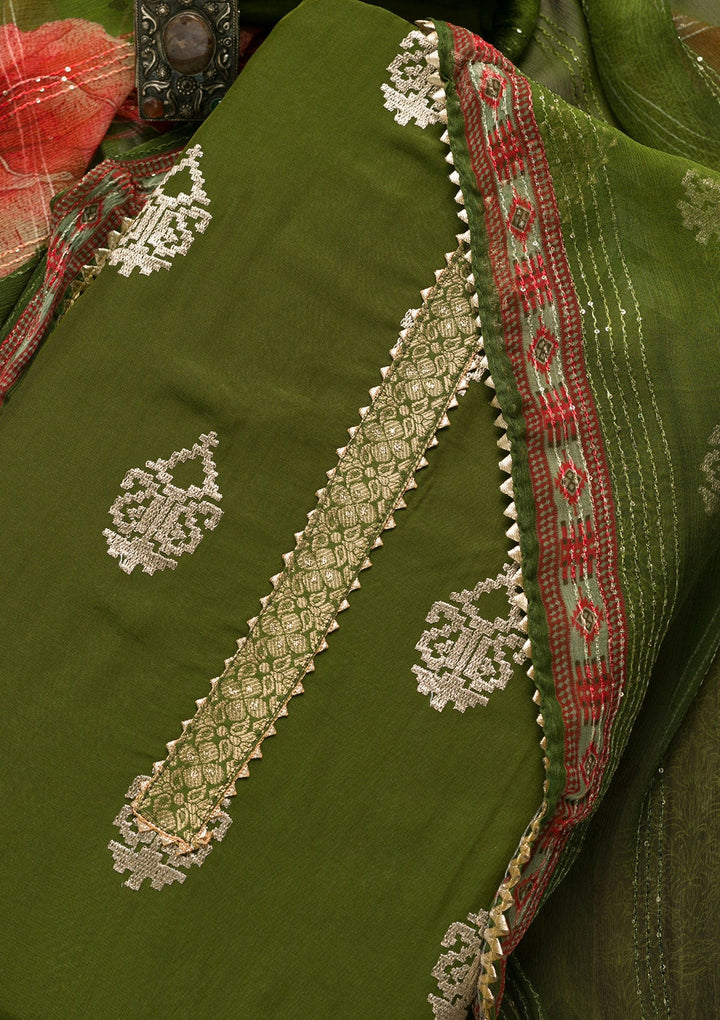 Leaf Green Zariwork Georgette Unstitched Salwar Suit-Koskii