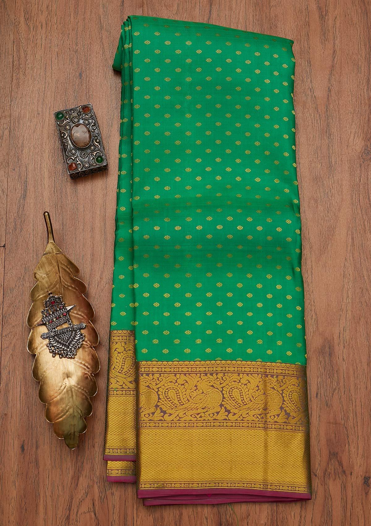 Leaf Green Zariwork Pure Silk Designer Saree - koskii