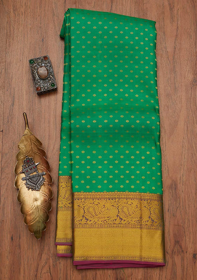 Leaf Green Zariwork Pure Silk Designer Saree - koskii