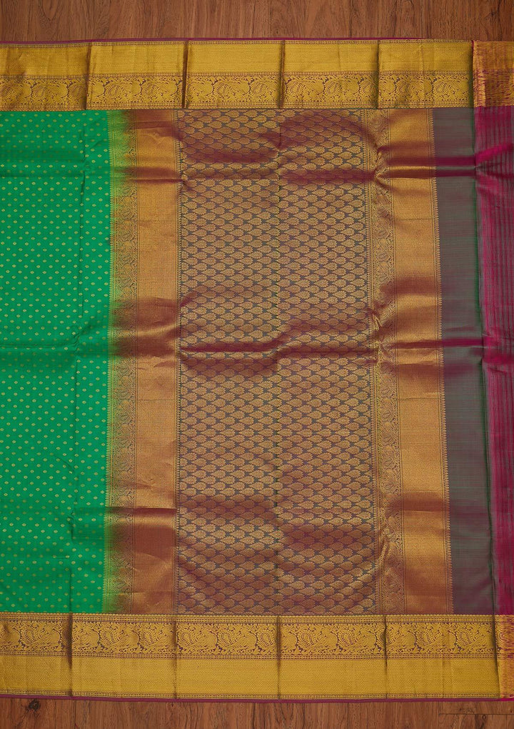 Leaf Green Zariwork Pure Silk Designer Saree - koskii