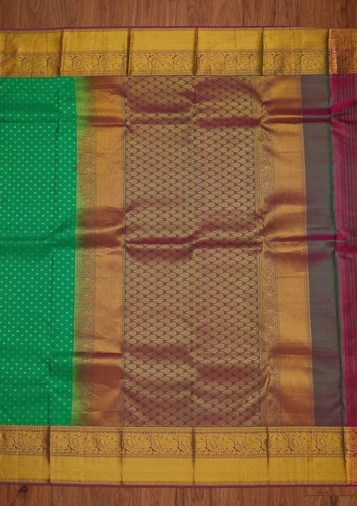Leaf Green Zariwork Pure Silk Designer Saree - koskii