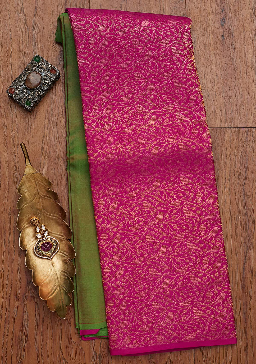 Leaf Green Zariwork Pure Silk Designer Saree - koskii