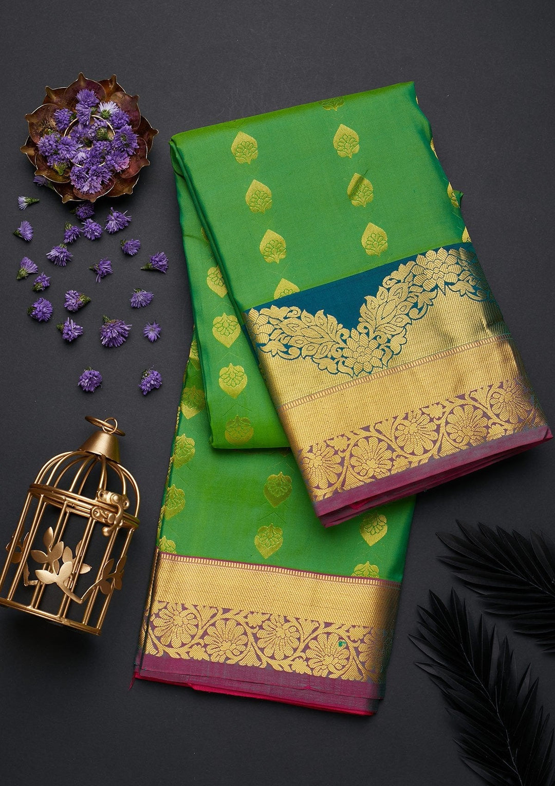 Leaf Green Zariwork Pure Silk Designer Saree - Koskii