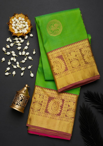 Leaf Green Zariwork Pure Silk Designer Saree - Koskii