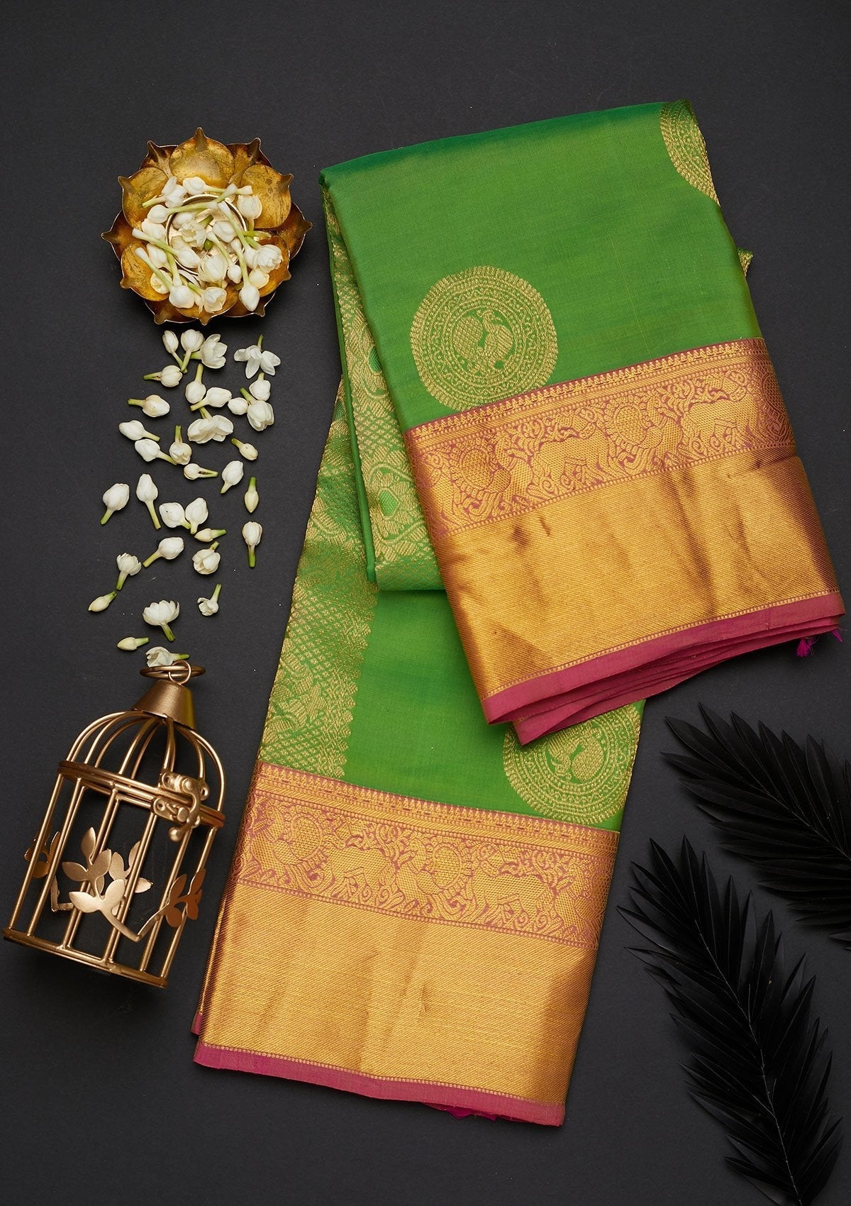 Leaf Green Zariwork Pure Silk Designer Saree - Koskii