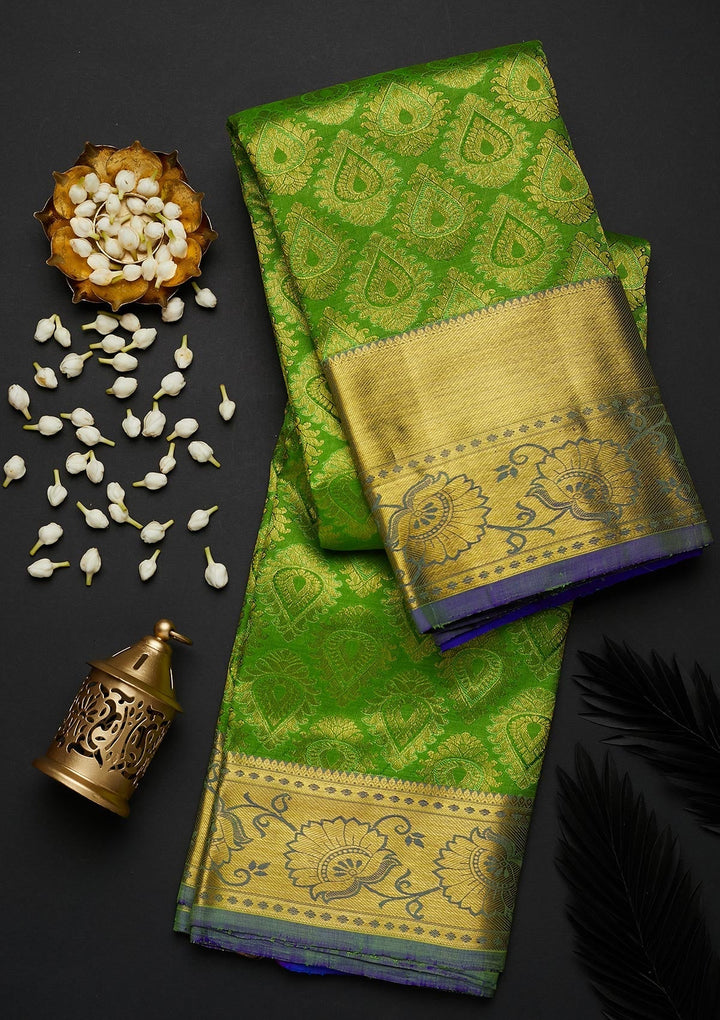 Leaf Green Zariwork Pure Silk Designer Saree - Koskii