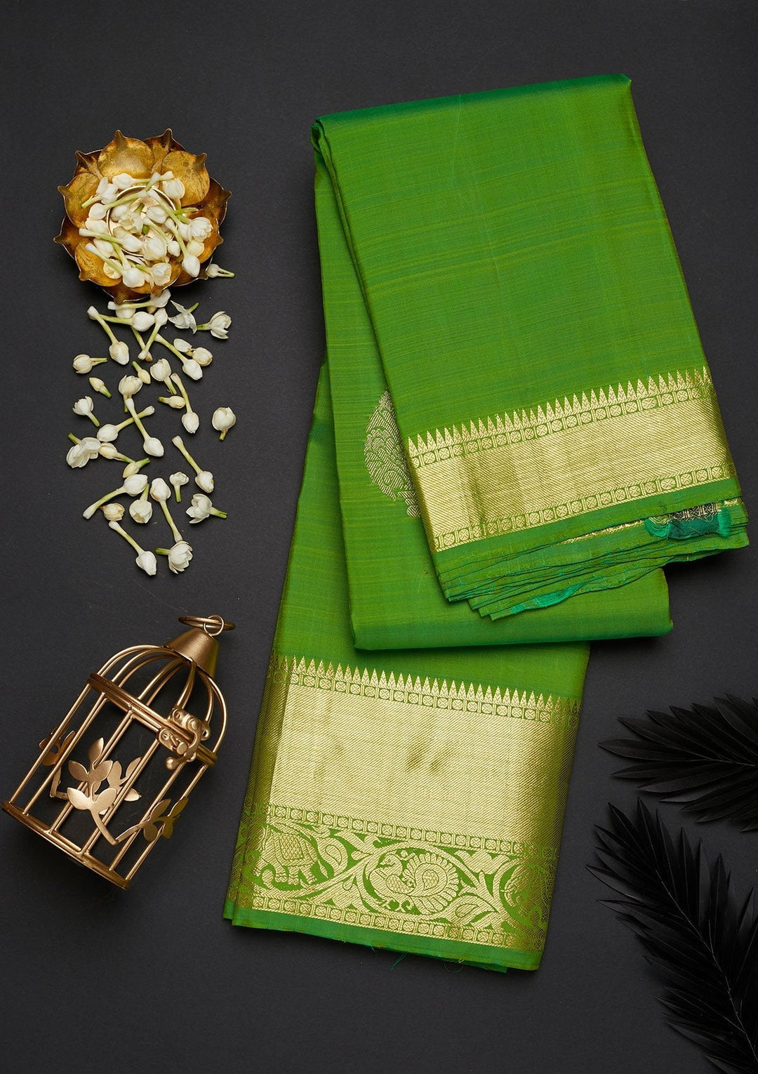 Leaf Green Zariwork Pure Silk Designer Saree - Koskii