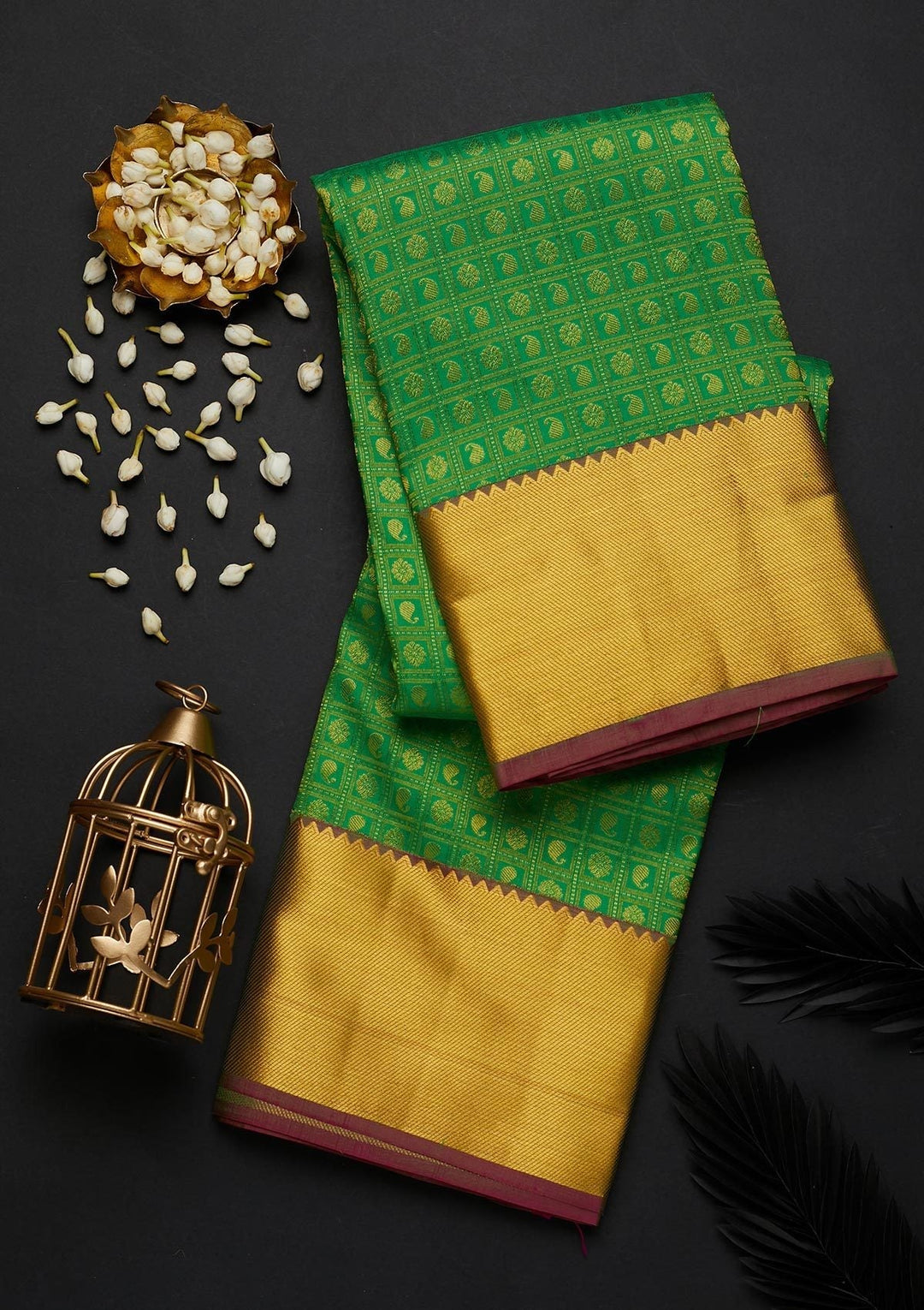 Leaf Green Zariwork Banarasi Silk Designer Saree - Koskii