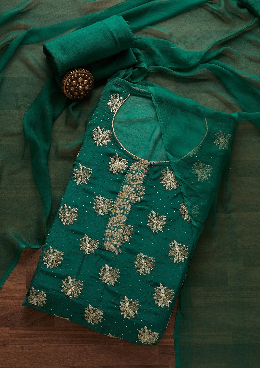 Leaf Green Zariwork Semi Crepe Designer Unstitched Salwar Suit - Koskii