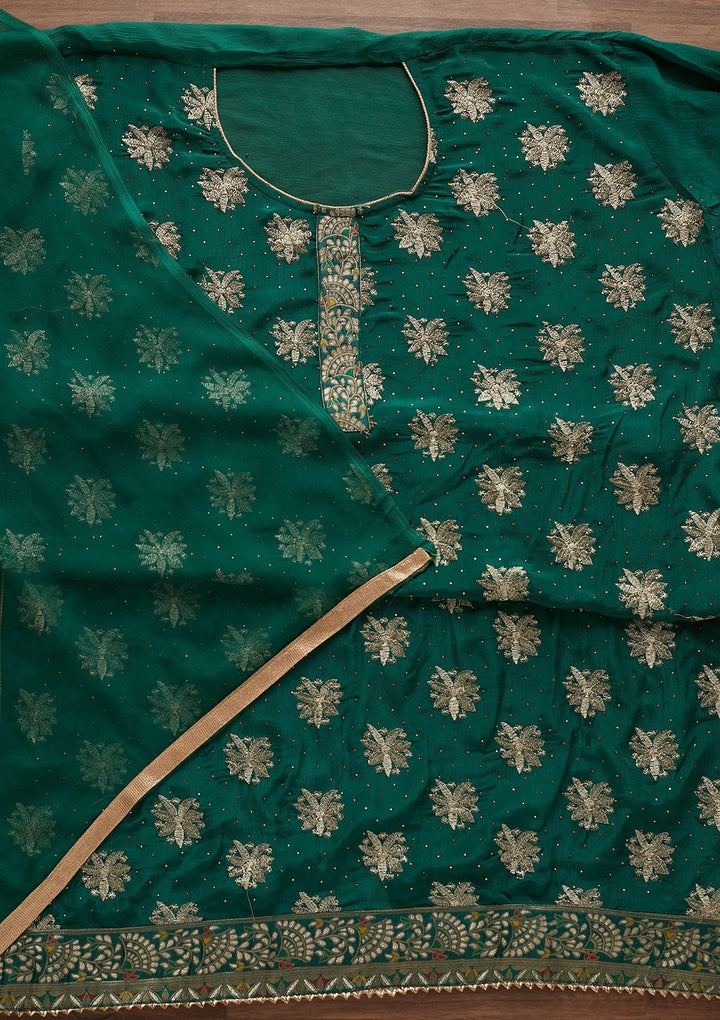 Leaf Green Zariwork Semi Crepe Designer Unstitched Salwar Suit - Koskii