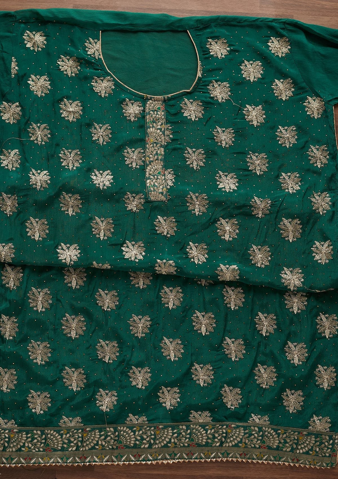 Leaf Green Zariwork Semi Crepe Designer Unstitched Salwar Suit - Koskii