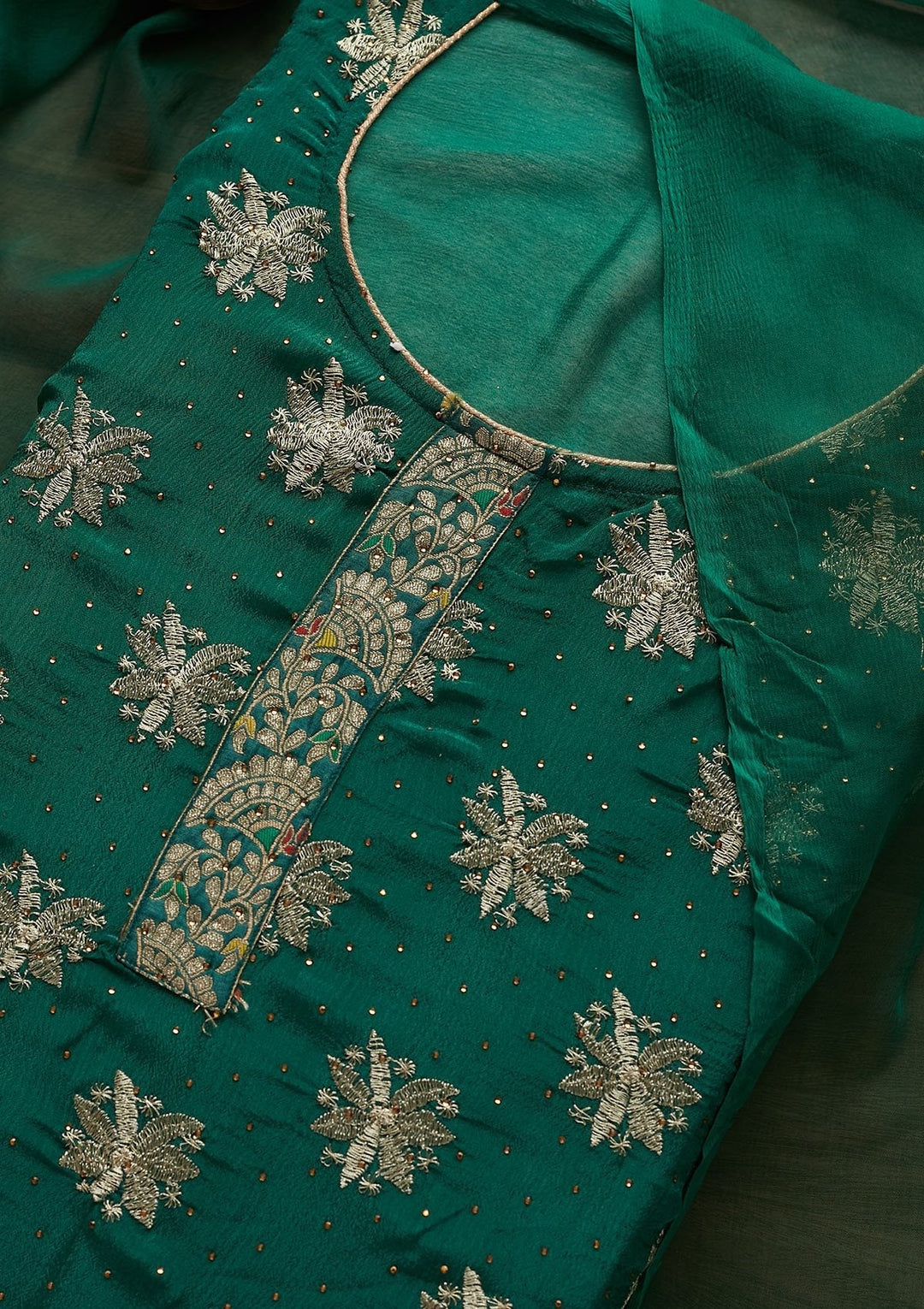 Leaf Green Zariwork Semi Crepe Designer Unstitched Salwar Suit - Koskii