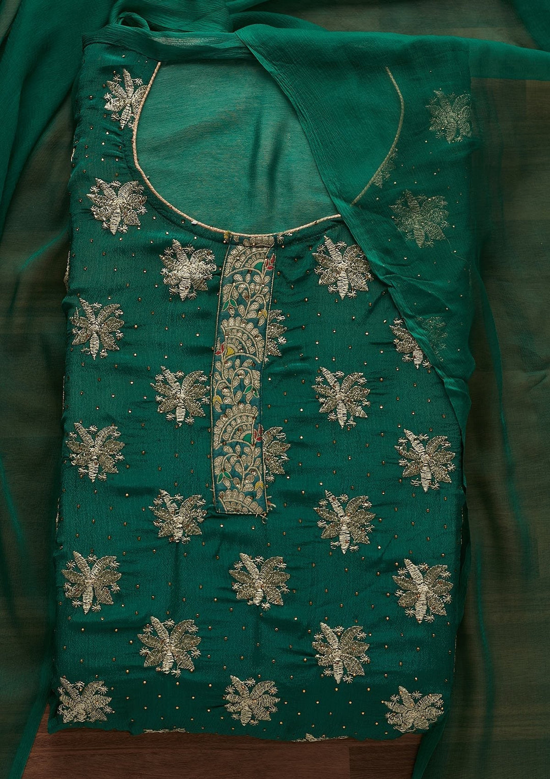 Leaf Green Zariwork Semi Crepe Designer Unstitched Salwar Suit - Koskii