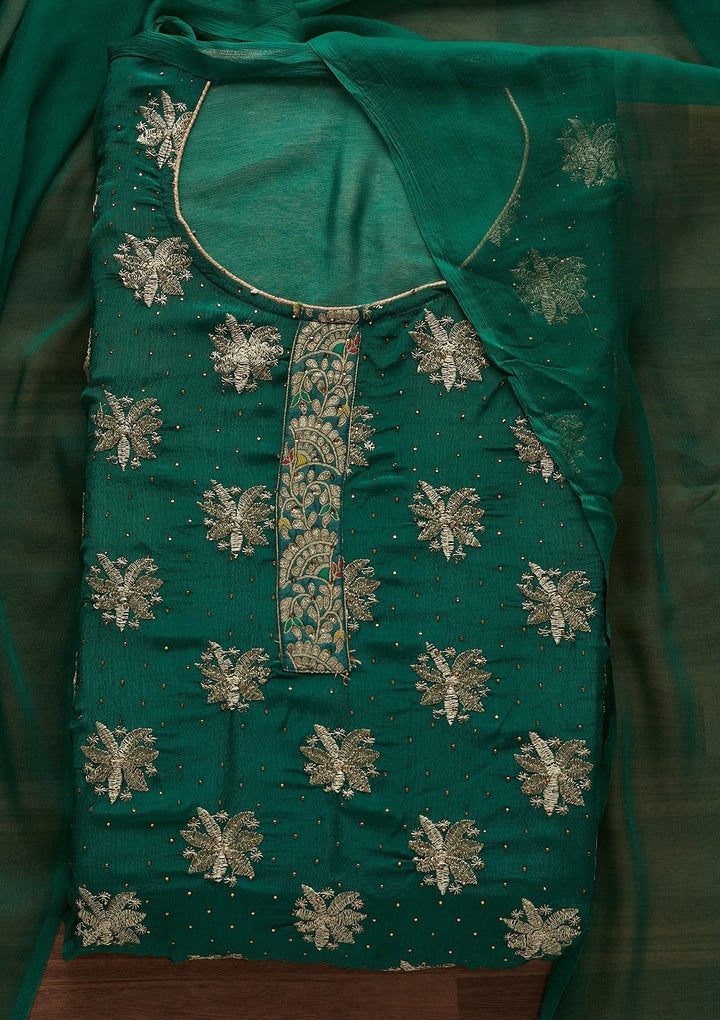 Leaf Green Zariwork Semi Crepe Designer Unstitched Salwar Suit - Koskii