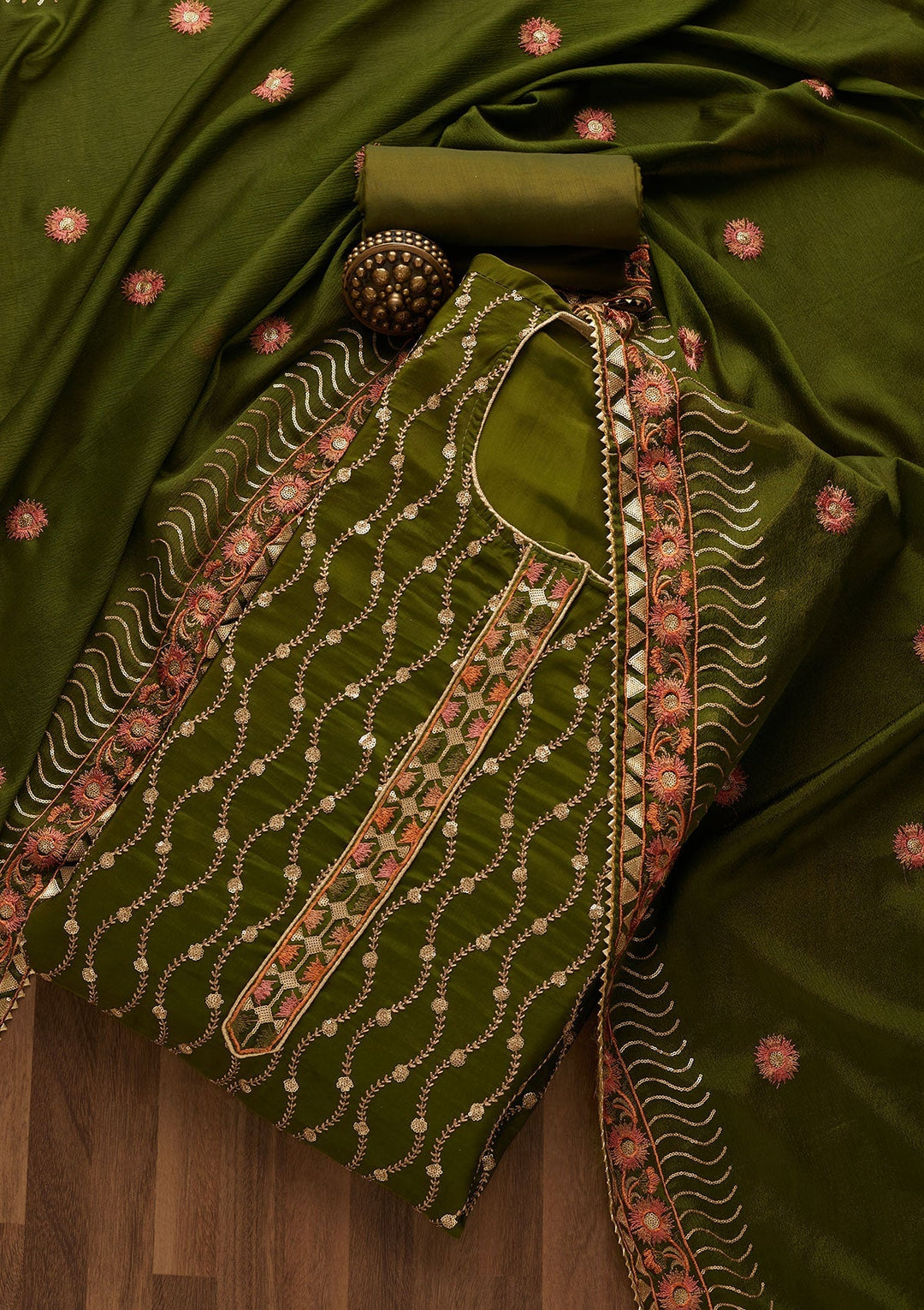 Leaf Green Zariwork Semi Crepe Unstitched Salwar Suit-Koskii