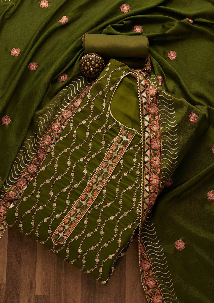 Leaf Green Zariwork Semi Crepe Unstitched Salwar Suit-Koskii