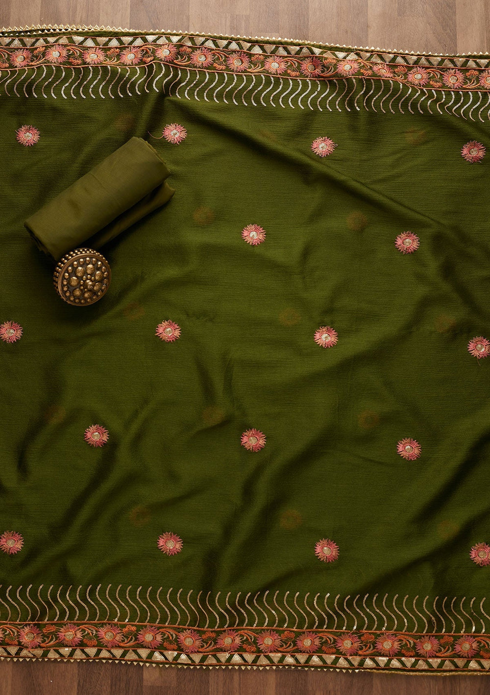 Leaf Green Zariwork Semi Crepe Unstitched Salwar Suit-Koskii