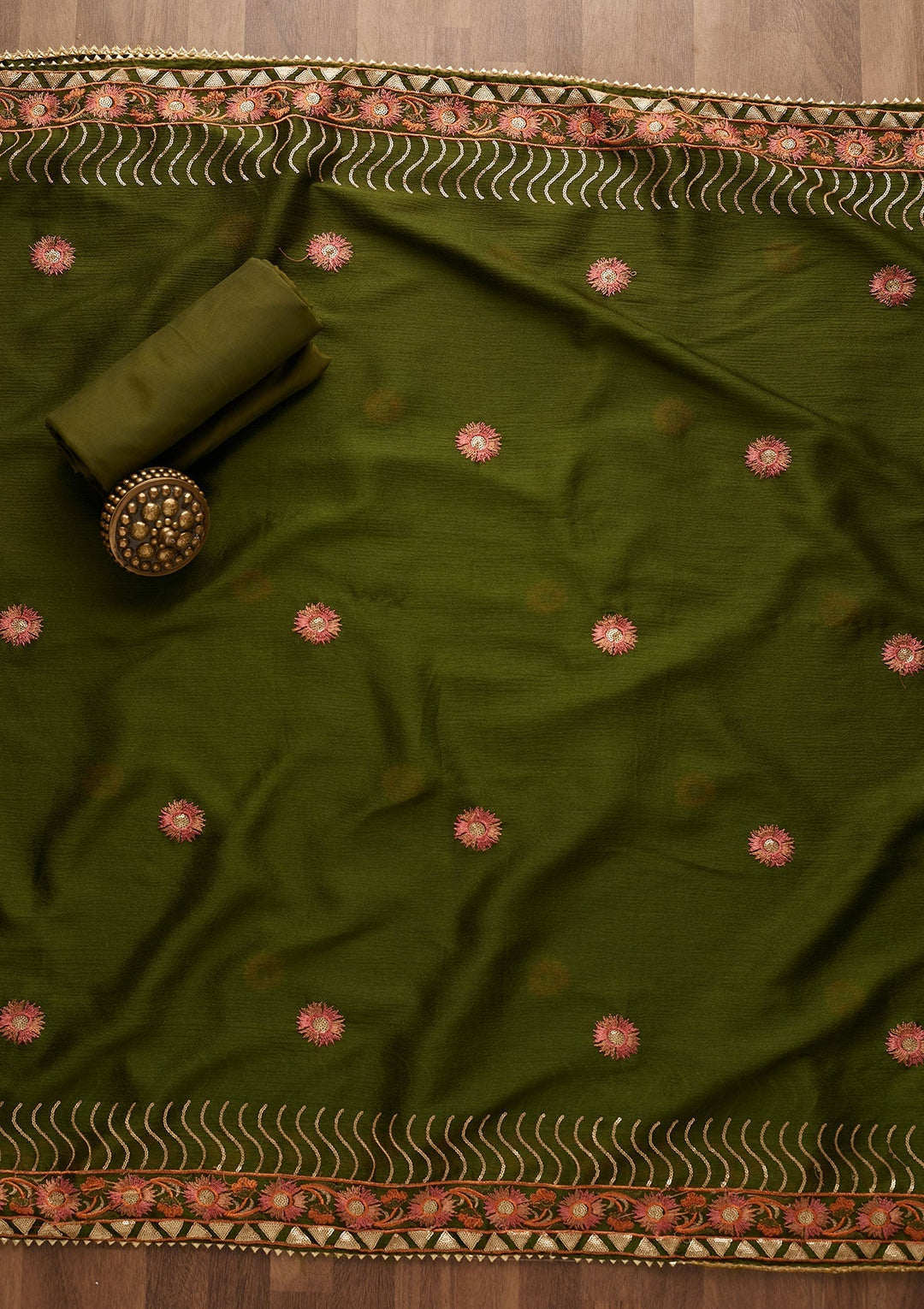 Leaf Green Zariwork Semi Crepe Unstitched Salwar Suit-Koskii