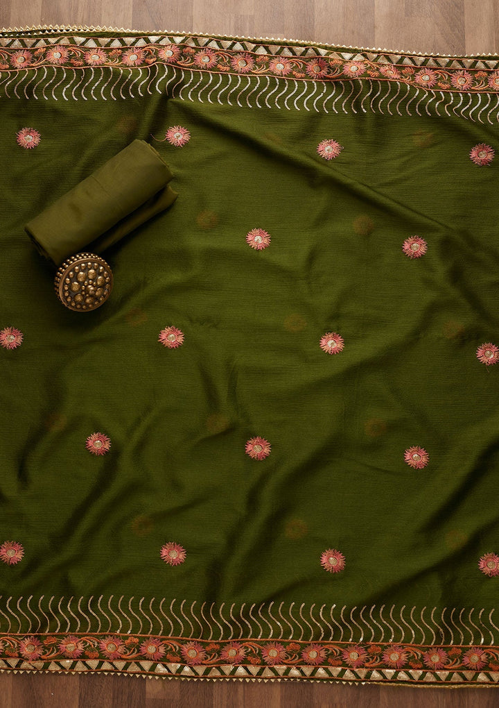 Leaf Green Zariwork Semi Crepe Unstitched Salwar Suit-Koskii