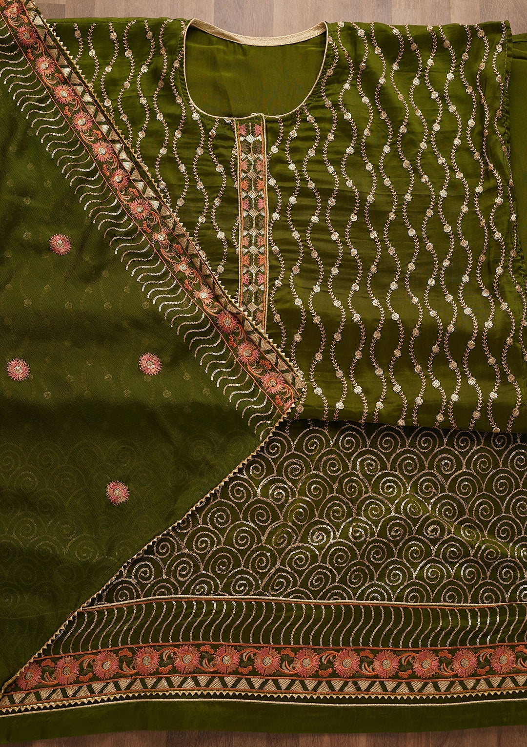 Leaf Green Zariwork Semi Crepe Unstitched Salwar Suit-Koskii