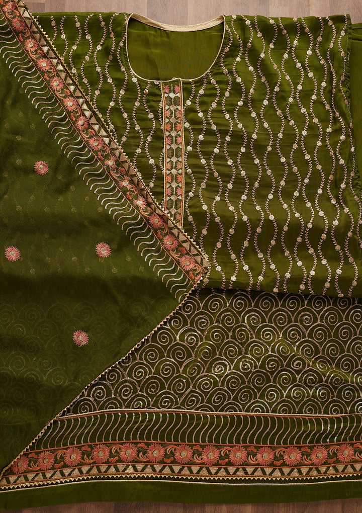 Leaf Green Zariwork Semi Crepe Unstitched Salwar Suit-Koskii