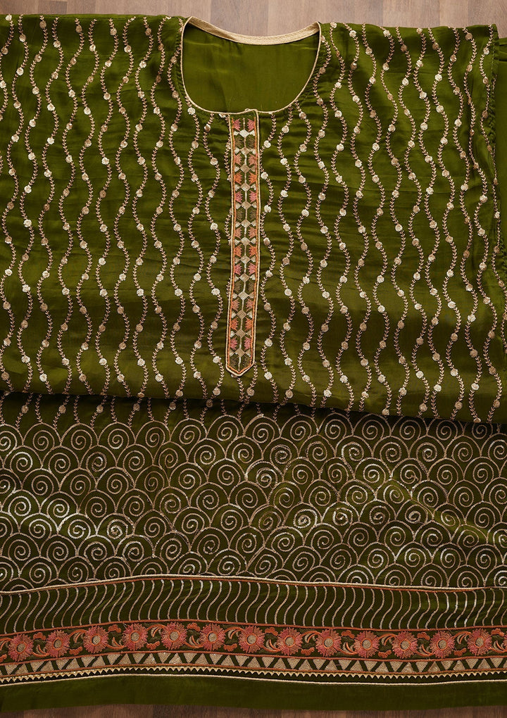 Leaf Green Zariwork Semi Crepe Unstitched Salwar Suit-Koskii